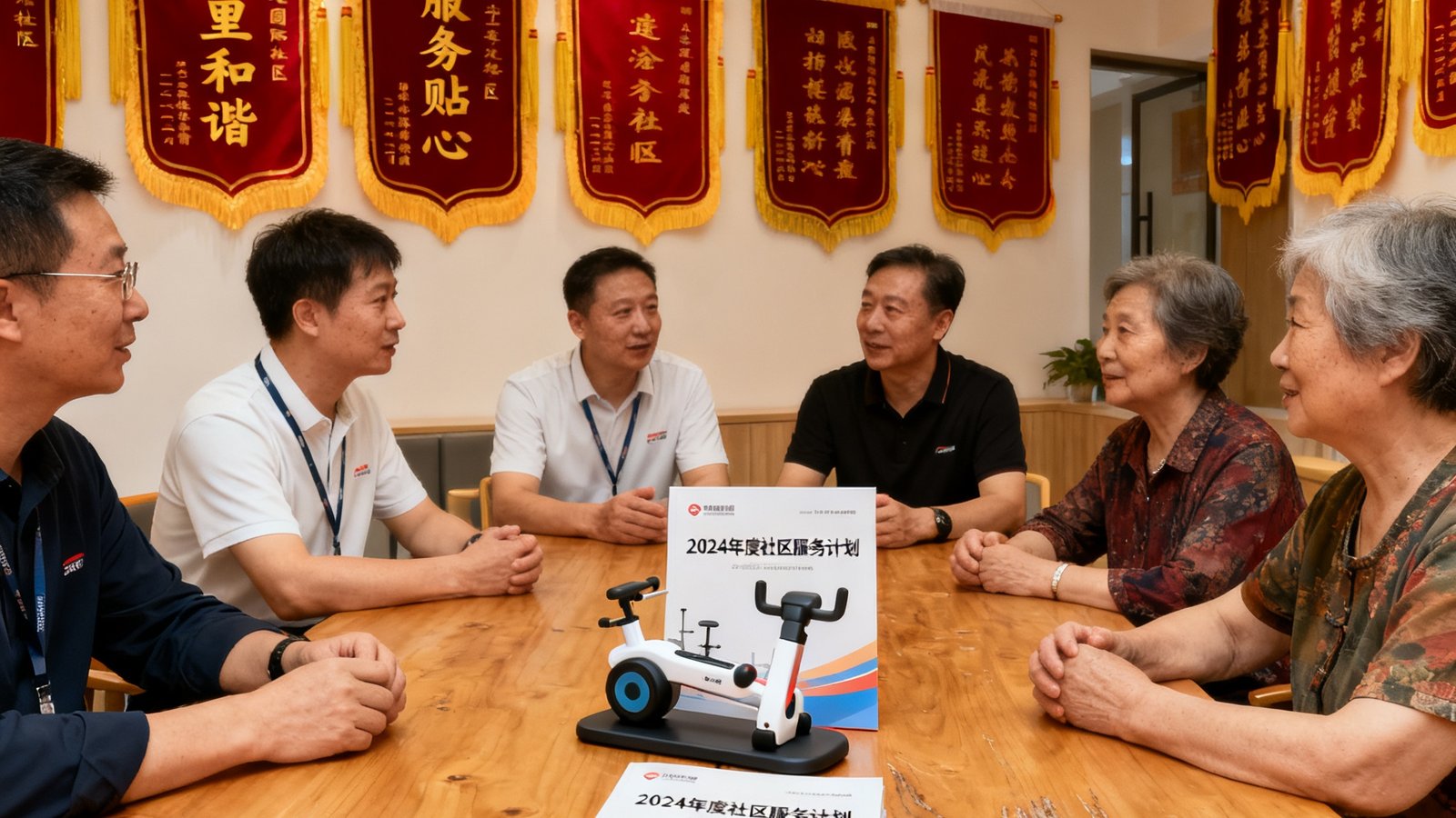 CMP冠军国际运营团队在社区活动中心与居民代表围坐交流，墙上挂着各社区赠送的锦旗，桌上摆放着年度服务计划手册和运动器材样品