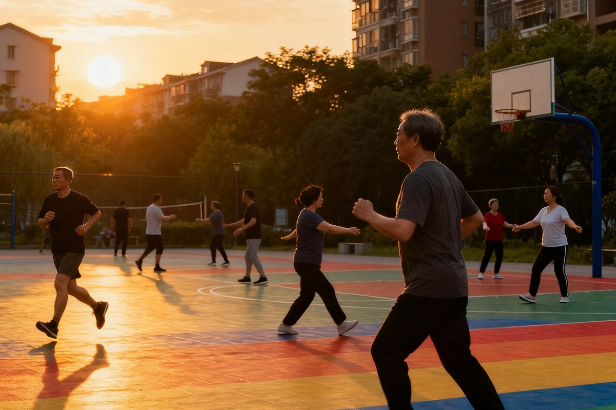 社区居民在傍晚时分于运动场地进行锻炼，夕阳余晖洒在彩色地面上，人们跑步、打球、做操，氛围温馨融洽